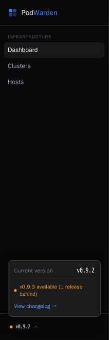 PodWarden navigation sidebar showing the current version and an available update notification with a View changelog link